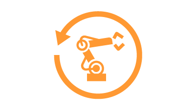 Narancssárga ipari robot ikon, amely egy kör alakú nyíl belsejében található