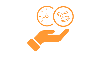 Orange icon of a hand holding a clock and three coins